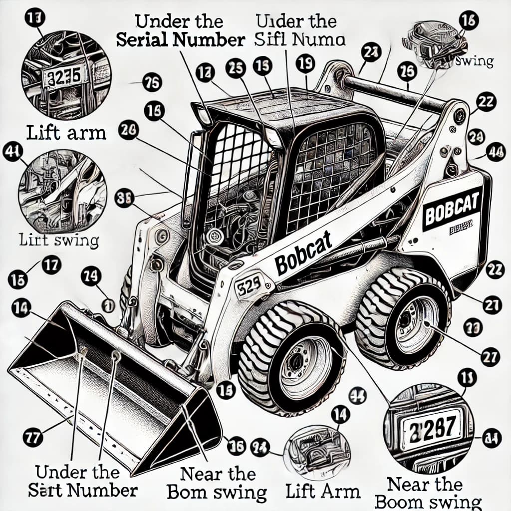 Diagram showing the location of the serial number on various Bobcat models